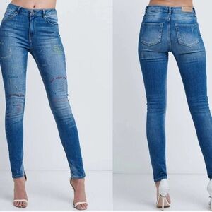 Supertrash Paradise Jina Blue Skinny High Waist Embroidered Jeans Size 27